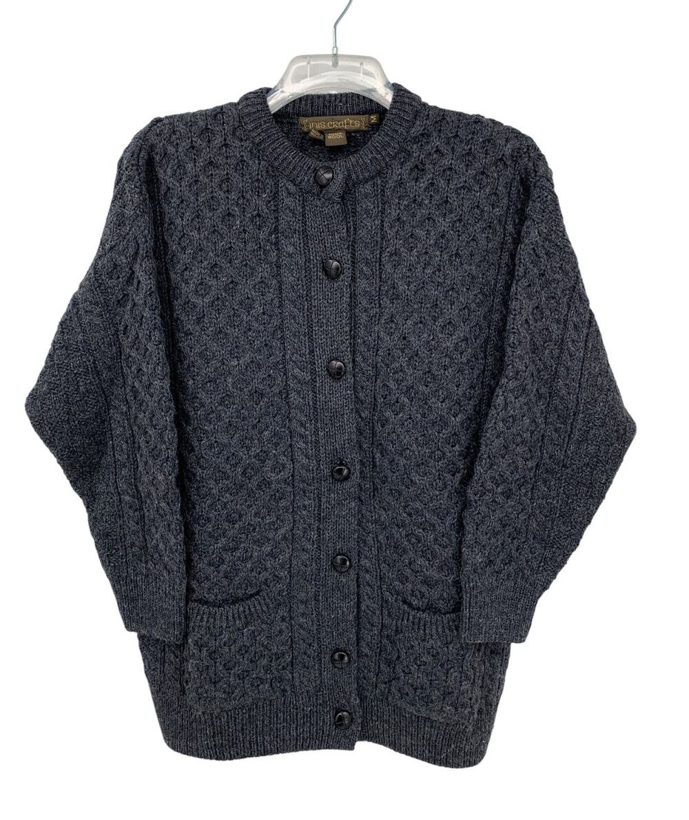 Vintage Inis Crafts Fisherman Cardigan Sweater 100% Wool Womens M